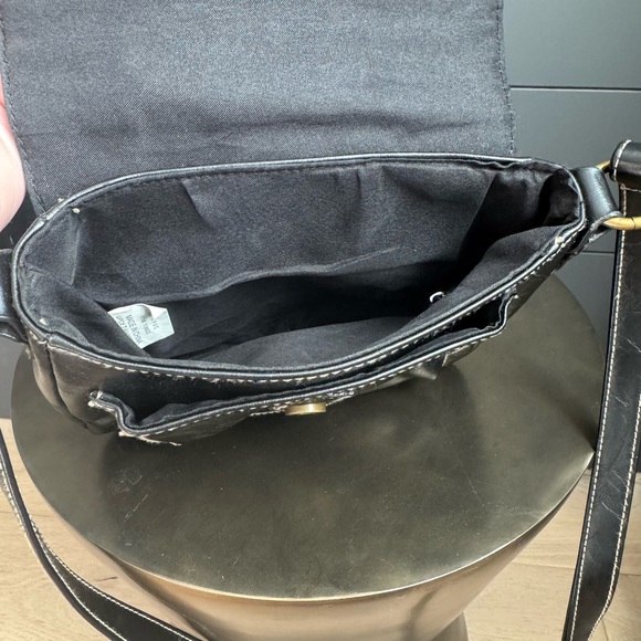 Black Faux Leather Crossbody Bag Gold Accents White Stitching and Wallet Classic - Picture 5 of 9